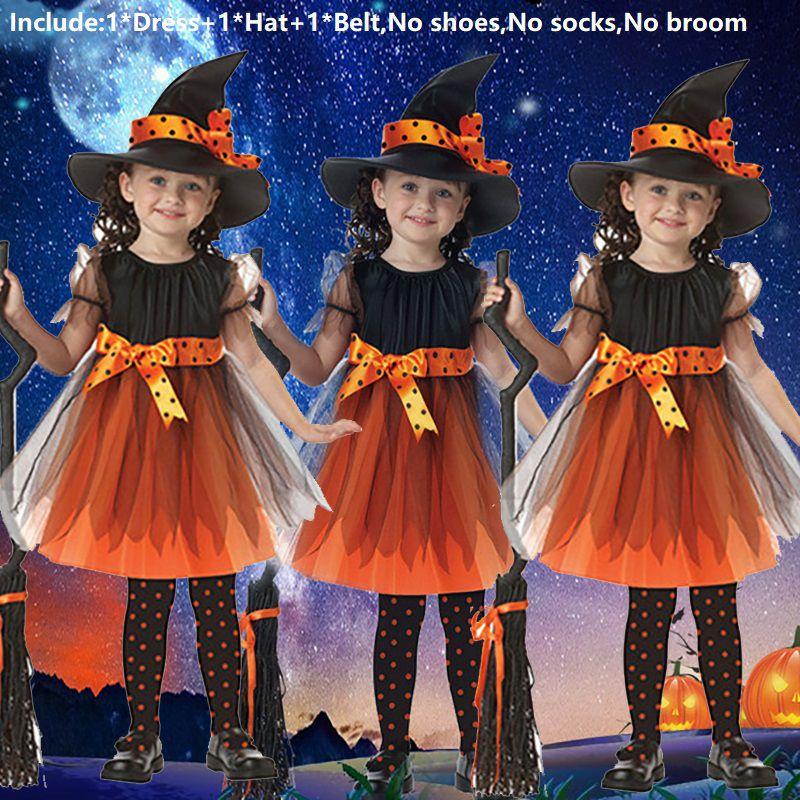 Girls Halloween Witches Hat Fancy Dress Costume Witch Outfit Kids Party Cosplay