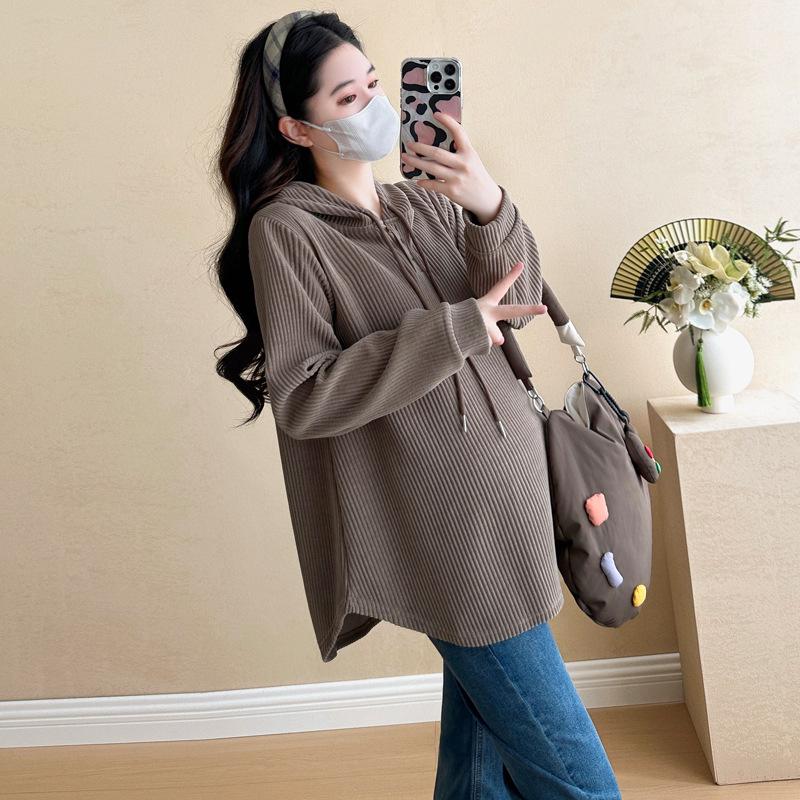 

2025 V-Neck Hooded Long Sleeve Loose Sweatshirt for Pregnant Women - Autumn/Winter L