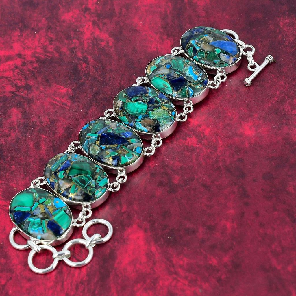 Kobber Malakitt Azuritt Armbånd, Azuritt Smykker 925 Massivt Sterlingsølv Naturlig Armbånd, Håndlagde Designer Edelstenssmykker, Gave Til Henne