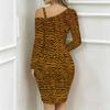Women Plus Size One Cold Shoulder Long Sleeve Rainbow Zebra Print Irregular Wrap Bodycon Midi Dress