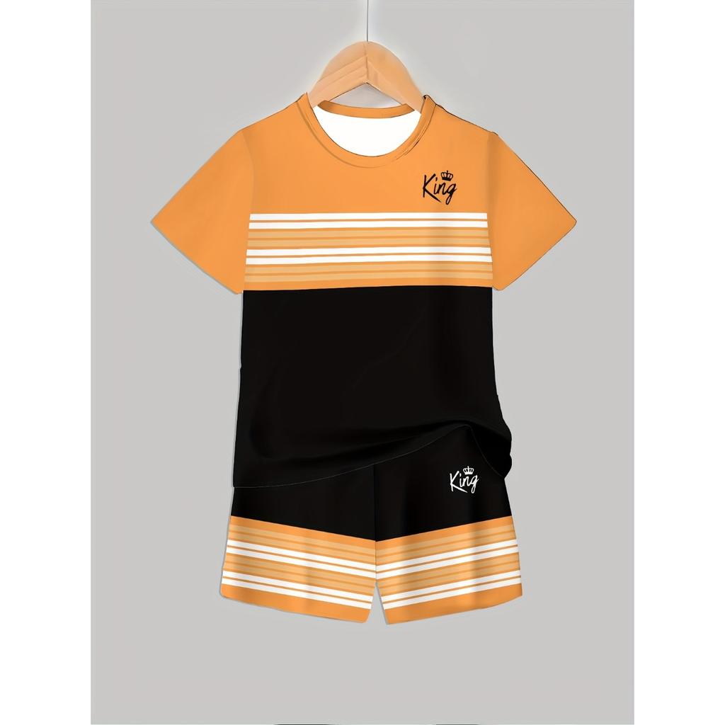 Multi-color Theme, Striped Letter 3D Printed Pattern, Soft Polyester Fabric, Suitable Casual Youngsters's Shorts Set