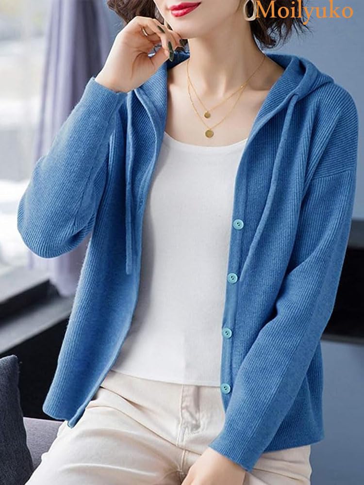 Moilyuko Hooded Long Top for and Mo72 Free Women's Cardigan, Sleeve, Figure-Flattering Spring, Autumn, Winter, (JP, Alphabet, Size, Blue)