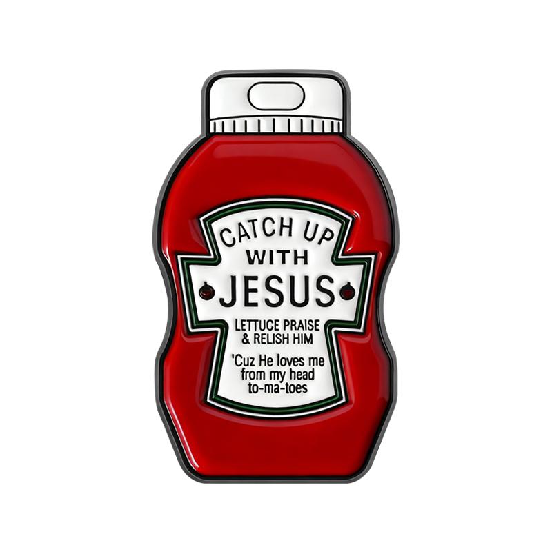 

Catch Up With Jesus Enamel Pins Tomato Sauce Brooches Lapel Badges Cartoon Faith Christ Jewelry Gift for Friends
