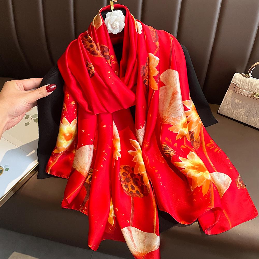 New silk scarf new silk satin printed shawl holiday fashion sunscreen long section simulation silk scarf
