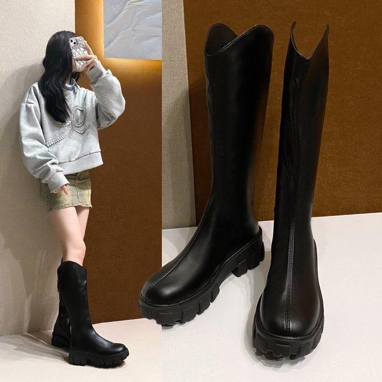 Black platform knight boots 's new legs are long but knee long boots versatile commuter fashion boots foreign style