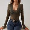Women Sexy Floral Lace Long Sleeve Slim Fit V Neck Casual Base Top