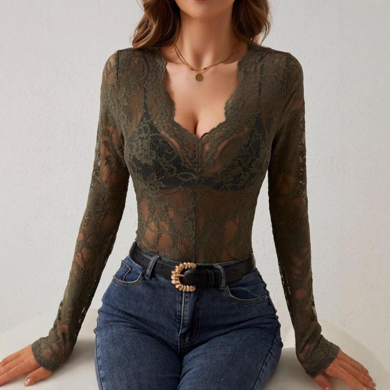 Women Sexy Floral Lace Long Sleeve Slim Fit V Neck Casual Base Top