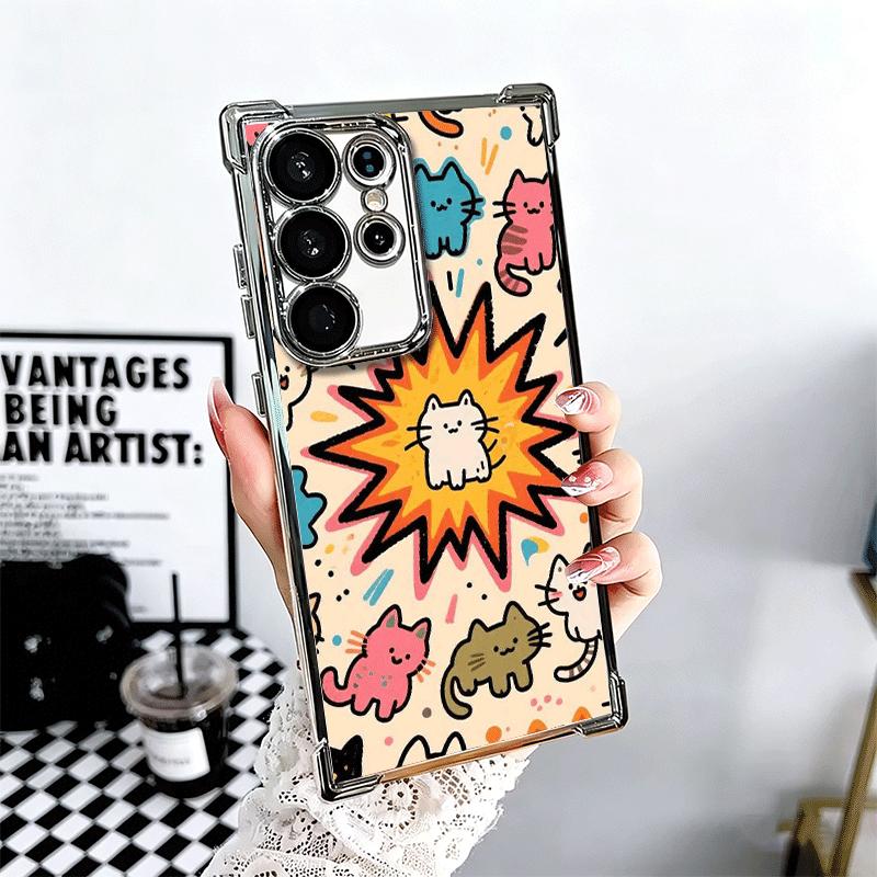 

Cartoon Cute Cats Theme Plating Phone Case For Samsung Galaxy S24 S25 FE S26 Edge S23 Ultra S22 S21 Plus S20 Anti-Fall Airabag C Samsung S21