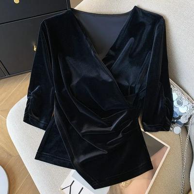 Suéter de Color Sólido de Manga Media para Mujer Casual Negro Francés Simple Camisa Top con Cuello en V