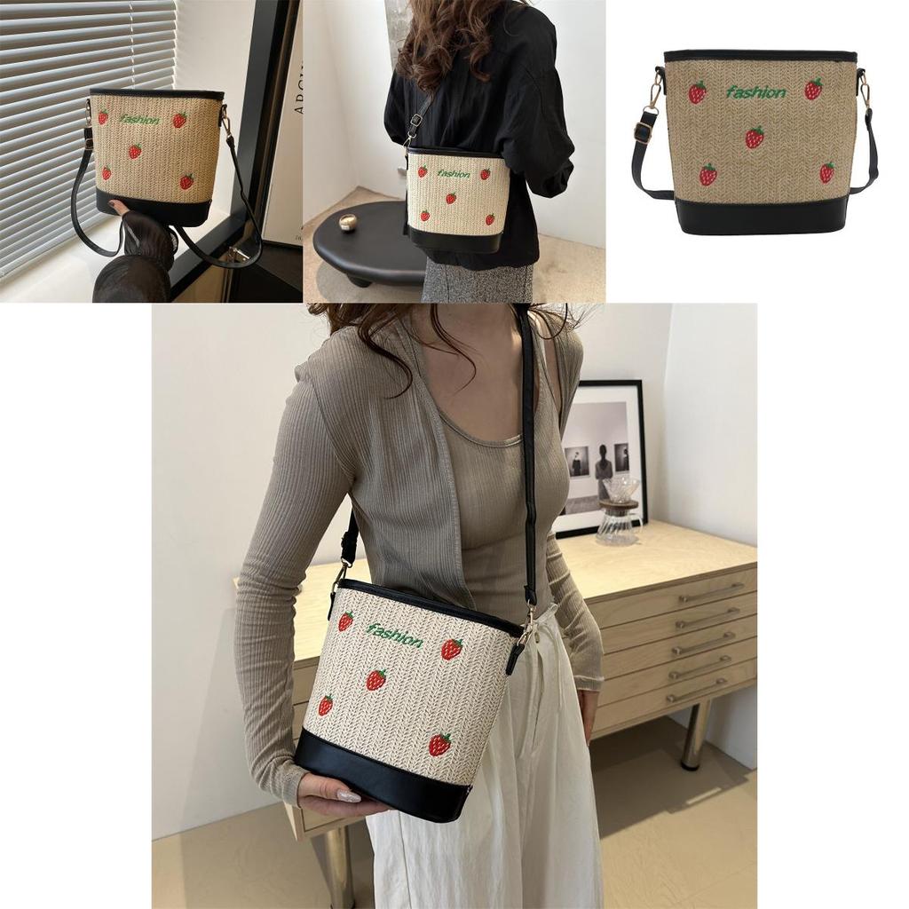 Trendy Chic Woven Bucket Bag For Women Summer Sling Tote Handbag With Soft Structure