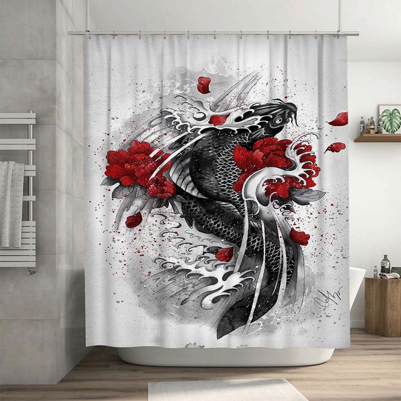 

Red Fishes Shower Curtain With White Splashes Black Red Floral Design Decorative Fabric Bath Mat Waterproof Home Decoration Show W60H190(CM)-1 Pcs