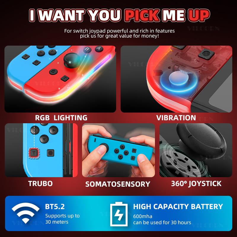 Joy RGB LED 5.2 BT Switch L/R Joypad For N Switch/Oled/Lite Wireless Gamepad With Grip For PC Yuzu 3D Dual Vibration Joystick