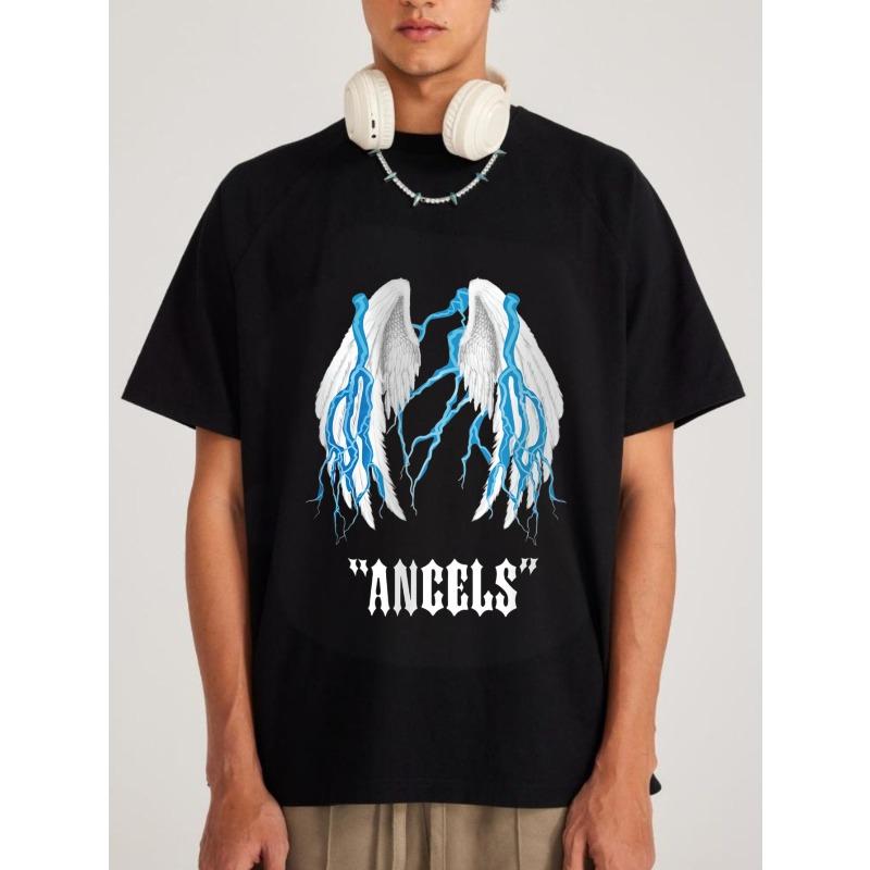 Black T Shirt with Angel Wings and Lightning Print Angels Text Design for Casual Streetwear Fashion