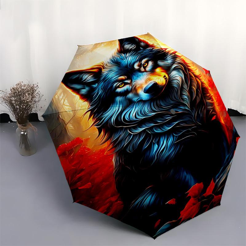 Wolf, Autumn Themed Automatic Opening and Closing Umbrella, Compact Travel Umbrella, Lightweight and Portable, Suitable for Beach Commuting