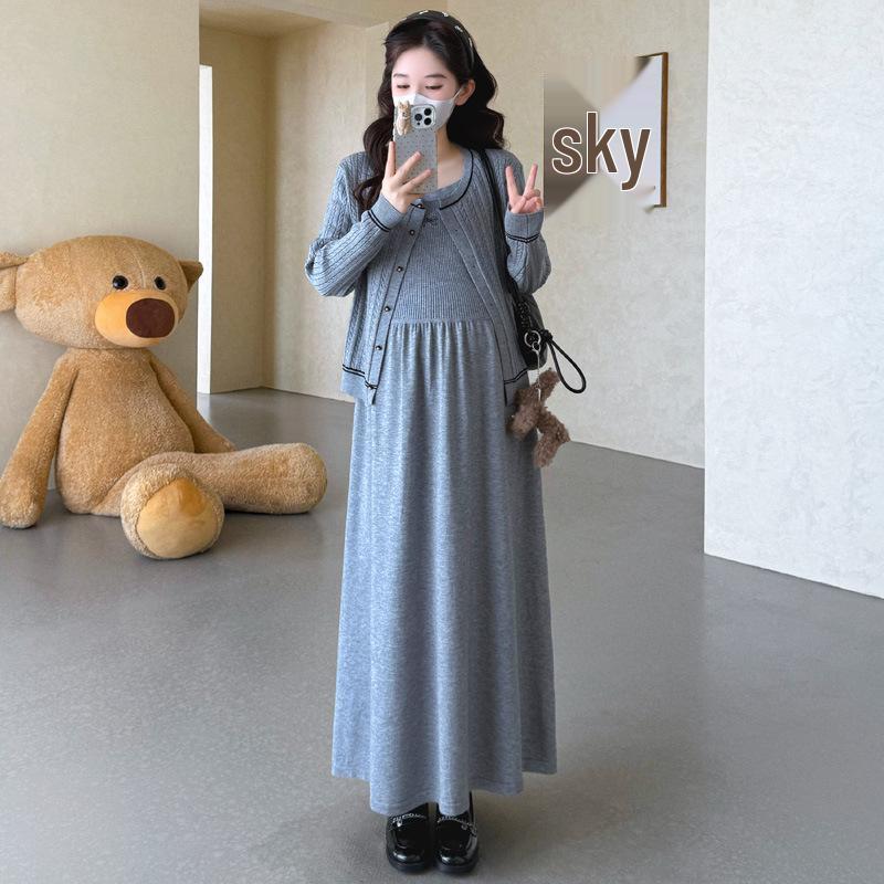 New Chic Maternity Knit Two-Piece Set: French Style Camisole Dress & Korean Cardigan XL
