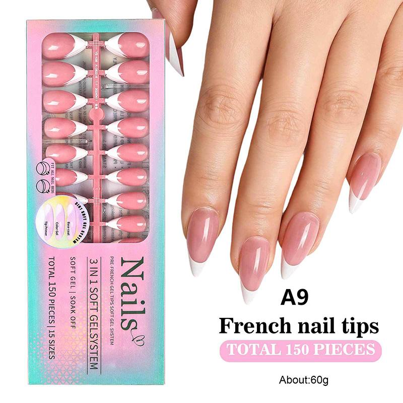 150Pcs/Boxed French Gel Tips Press On Nails Almond Nails 15 Sizes Pre-Applied Fake Nails For Manicure Extension