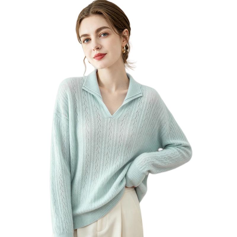 Lekasha 100% Pure Cashmere V-Neck Cable Knit Hollow Stitch Top