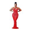 C6075 Women's Fashion Mesh Sleeveless V-Neck Long Dress with Hot Drill Detailing