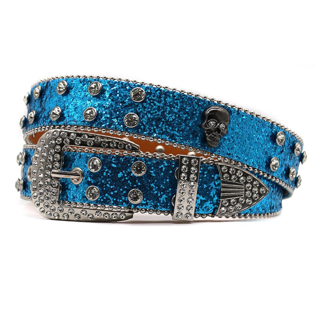 PU Leather Wide Belt Western Crystal Rhinestone Inlaid Skeleton Accessories Zinc Alloy Button Hip Hop Punk Trendy Women's 3.5cm