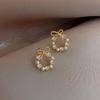 Gold Plated Bow Circle Stud Earrings With Faux Pearl Shiny Cubic Zirconia For Wedding Date Daily Wear