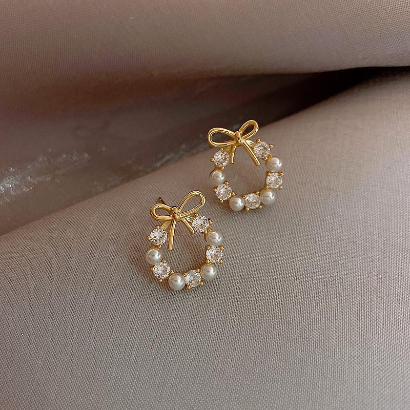Gold Plated Bow Circle Stud Earrings With Faux Pearl Shiny Cubic Zirconia For Wedding Date Daily Wear