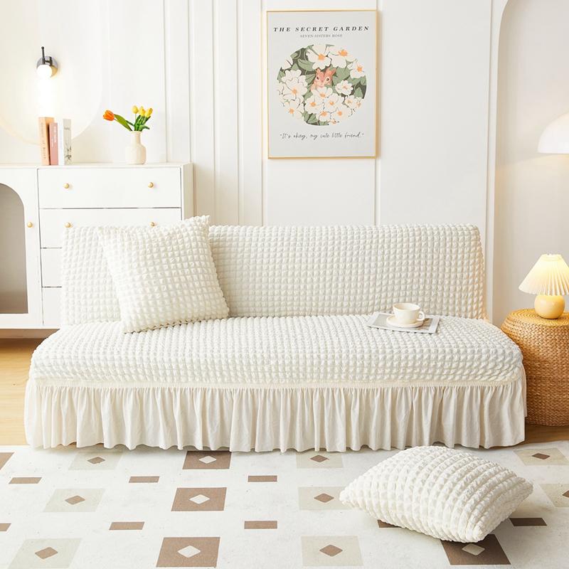Stretch Slipcover for Armless Sofa Bed Seersucker Fabric Elastic and Washable with Skirt Easy Installation