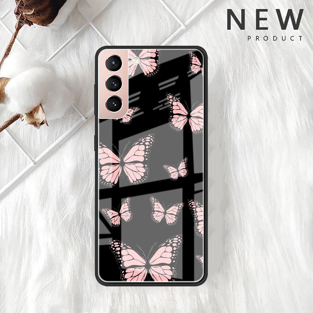 Funda de Cristal Mariposa Rosa Belleza Para Samsung Galaxy S22 S20 FE S21 Plus Cubierta de Teléfono S10 5G S9 Note 20 Ultra 10 Lite Carcasa