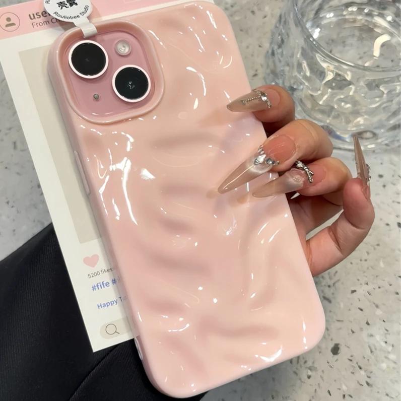 Luxury 3D Wrinkle Case For iPhone 16 15 14 Plus Pro Max 12 11 13 Candy Solid Color Wave Pattern Soft Silicone Aesthetic Cover