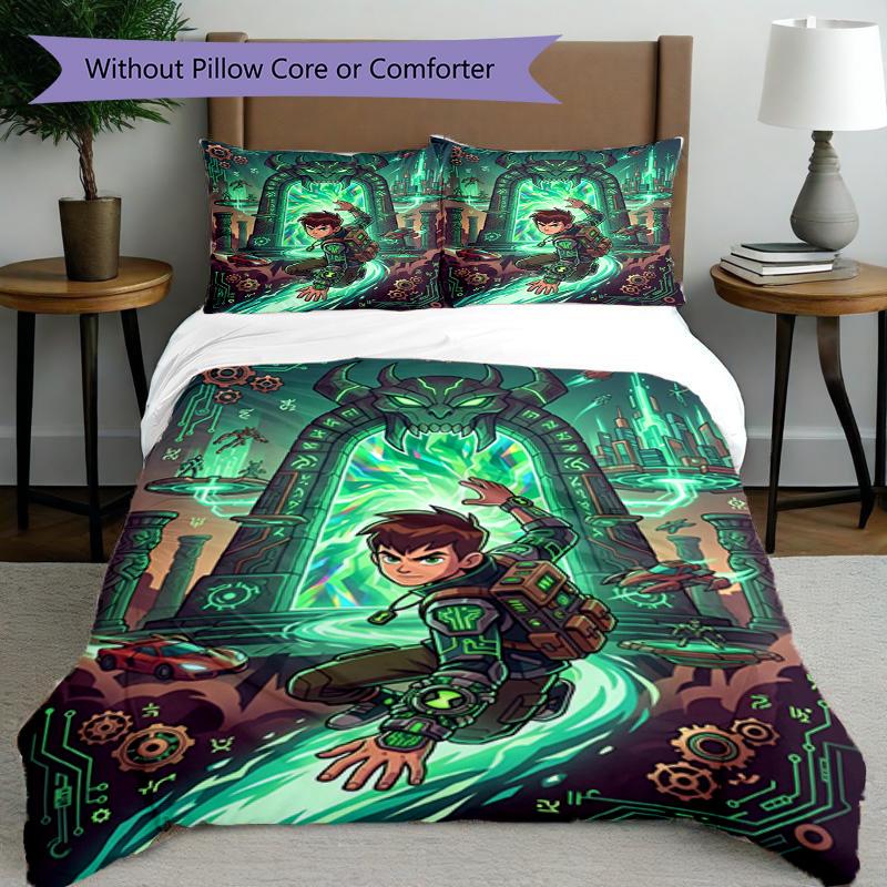 3-teiliges Bettbezug-Set (1 * Bettbezug + 2 * Kissenbezug, ohne Kern), Ben 10 Cartoon-Aufdruck Bettwäsche-Set, Schlafzimmer-Dekoration, Ganzjahres, Geburtstagsgeschenk