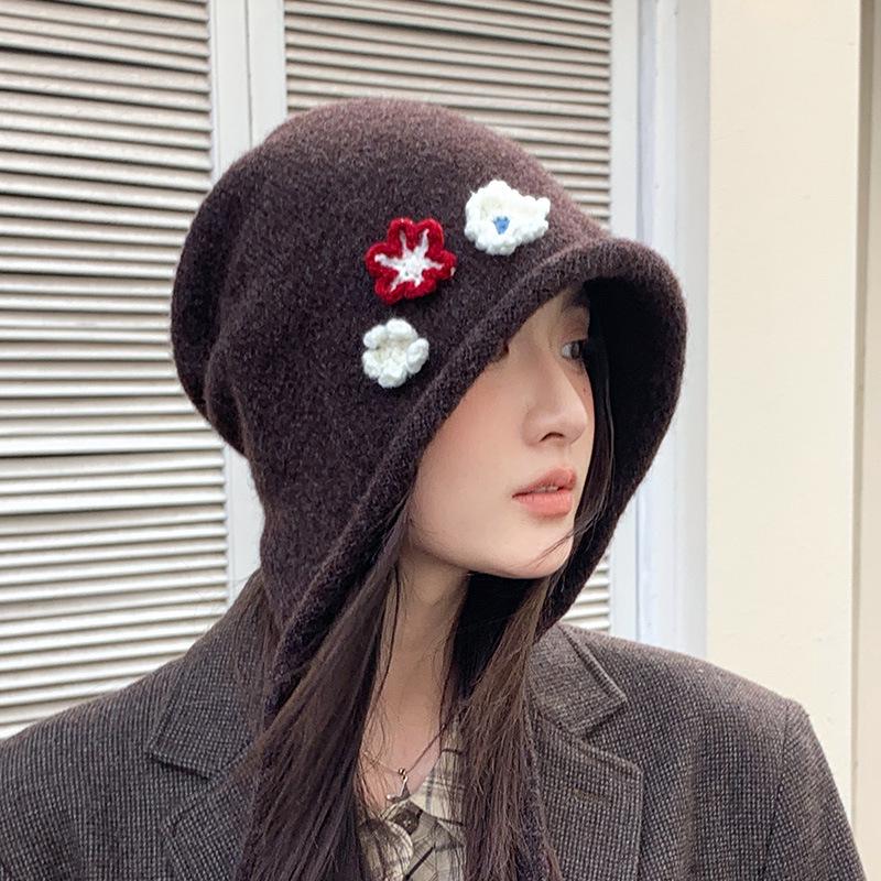 Japanese Style Ear Protection Tie Hat - Women's Windproof, Warm Slouchy Beanie with Floral Wrap for Autumn and Winter
