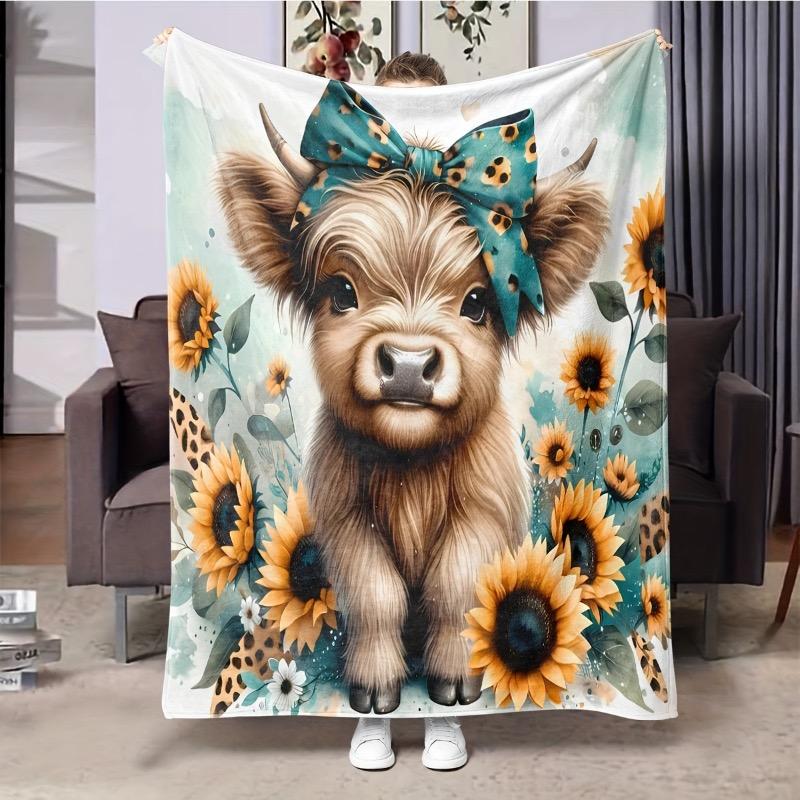 

1pc Sunflower Cute Highland Cow Flannel Blanket Comfortable Soft Polyester Throw for Bed Sofa and Office Multiple sizes 75x100cm