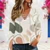 Women Plus Size V Neck Long Sleeve Eyelet Chain Lace Up Curved Hem Printed Top
