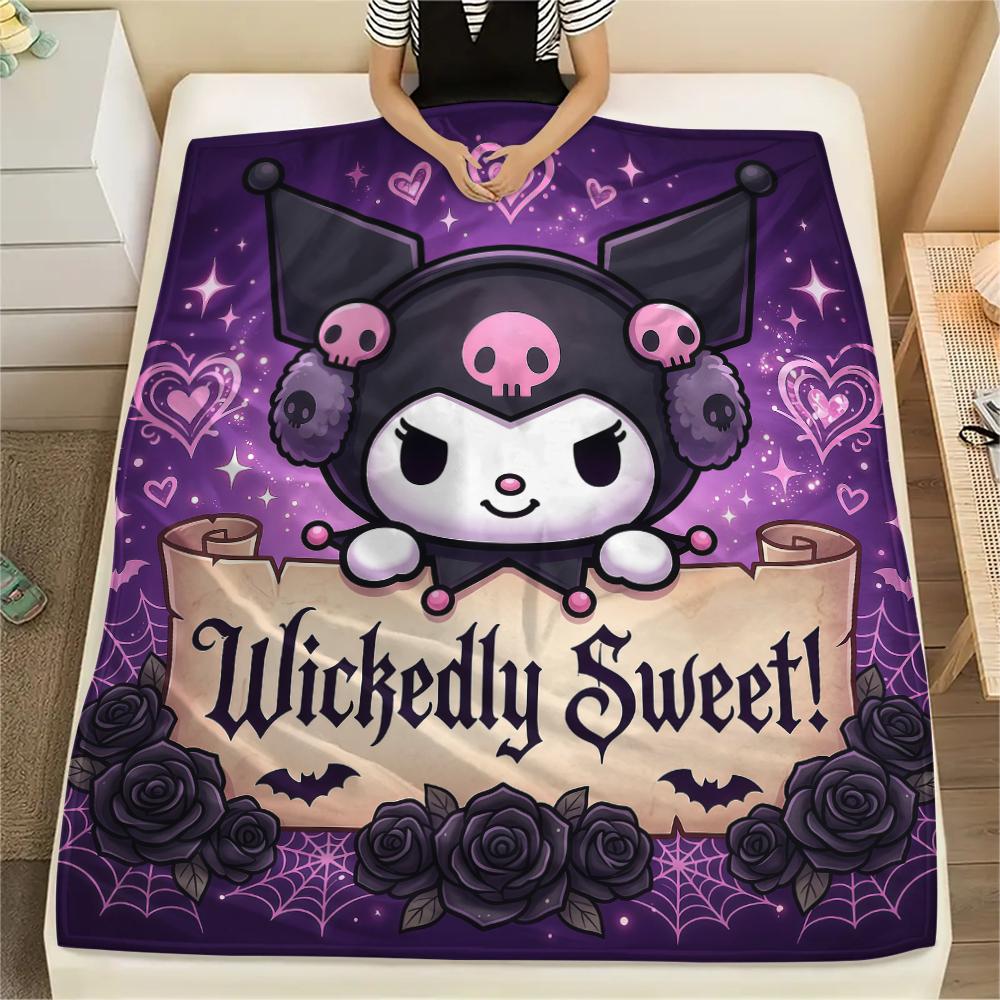 1PC Kuromi Print Flannel Blanket, High quality All Seasons, Home Decor, Warmth and Comfort, Perfect for Christmas Gifts