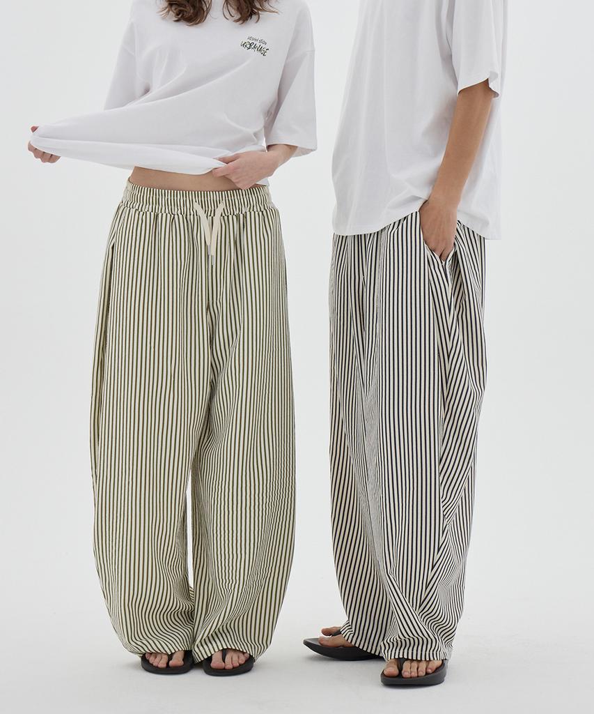 URBANAGE [2Pack] Balloon Fit Curved Stripe Pintuck Elastic Pants_3Color (Type A)