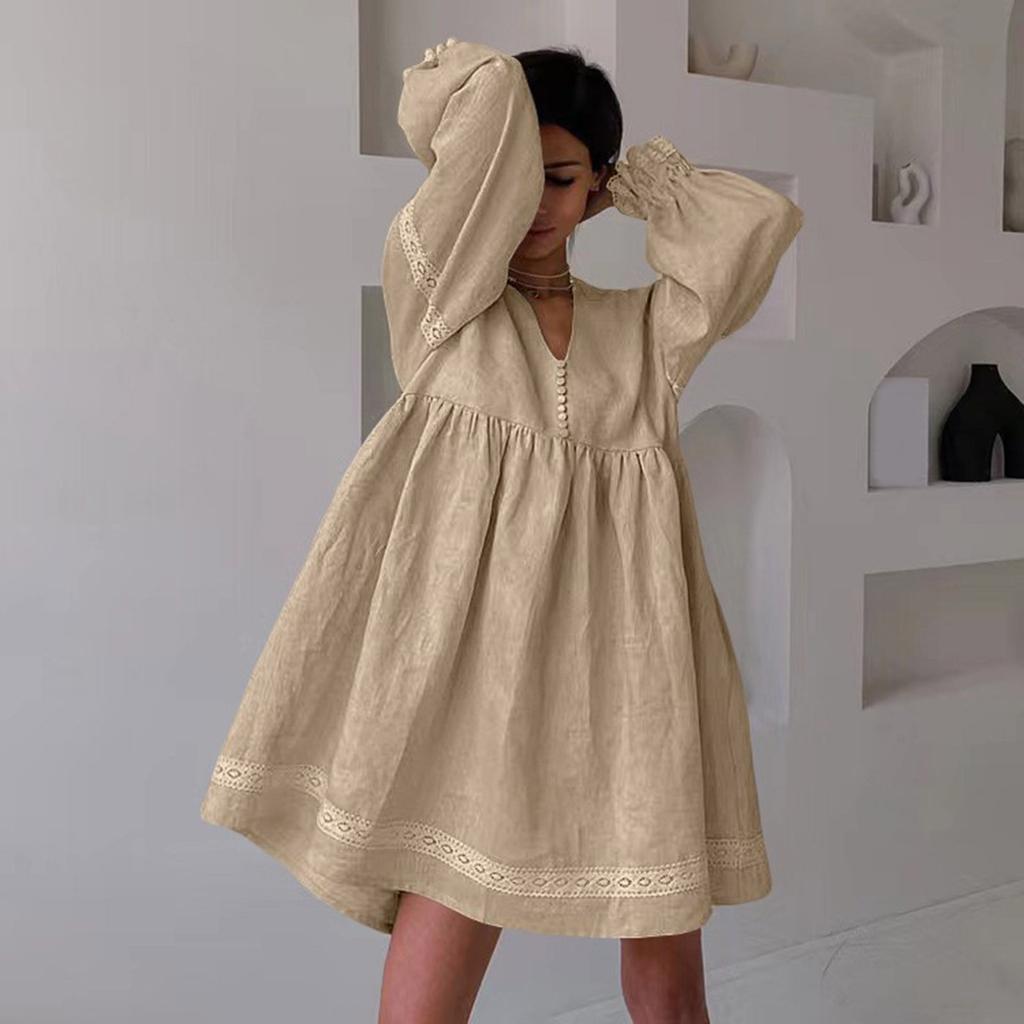 Women's Loose Summer Dress Elegant Commuting Long Sleeve V Neck Cotton Dress Lace Spliced Button Boho Beach Oversized Vestidos