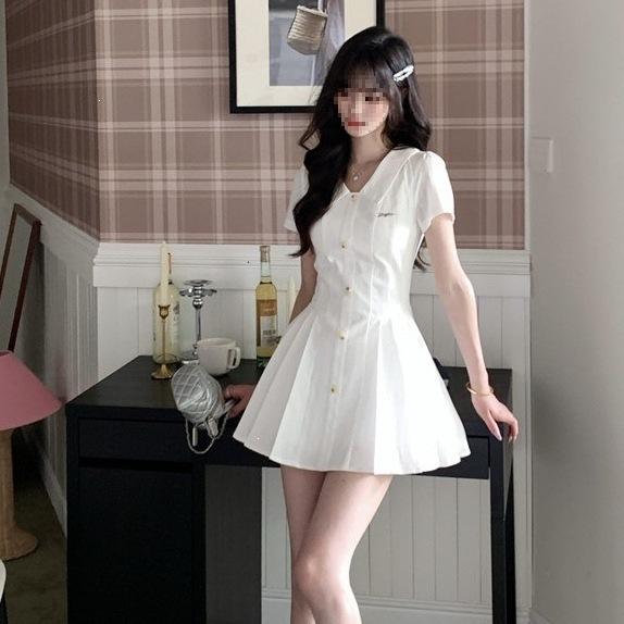 Academy style white simple shirt skirt polo collar dress women's small temperament versatile pleated short skirt summer
