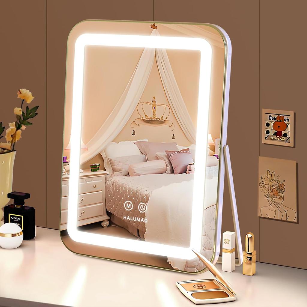 Vanity Mirror with Lights, 14.5" Light Up Makeup Mirror, LED Makeup Mirror with Lights for Bedroom Tabletop, Smart Touch Control 3 Colors Dimmable,