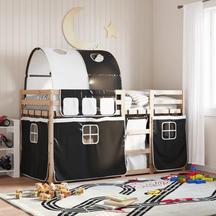 VidaXL Lit superposé avec rideaux blanc/noir 80x200 cm bois pin massif, lit, cadre de lit, lit superposé bas, meuble de 3283988