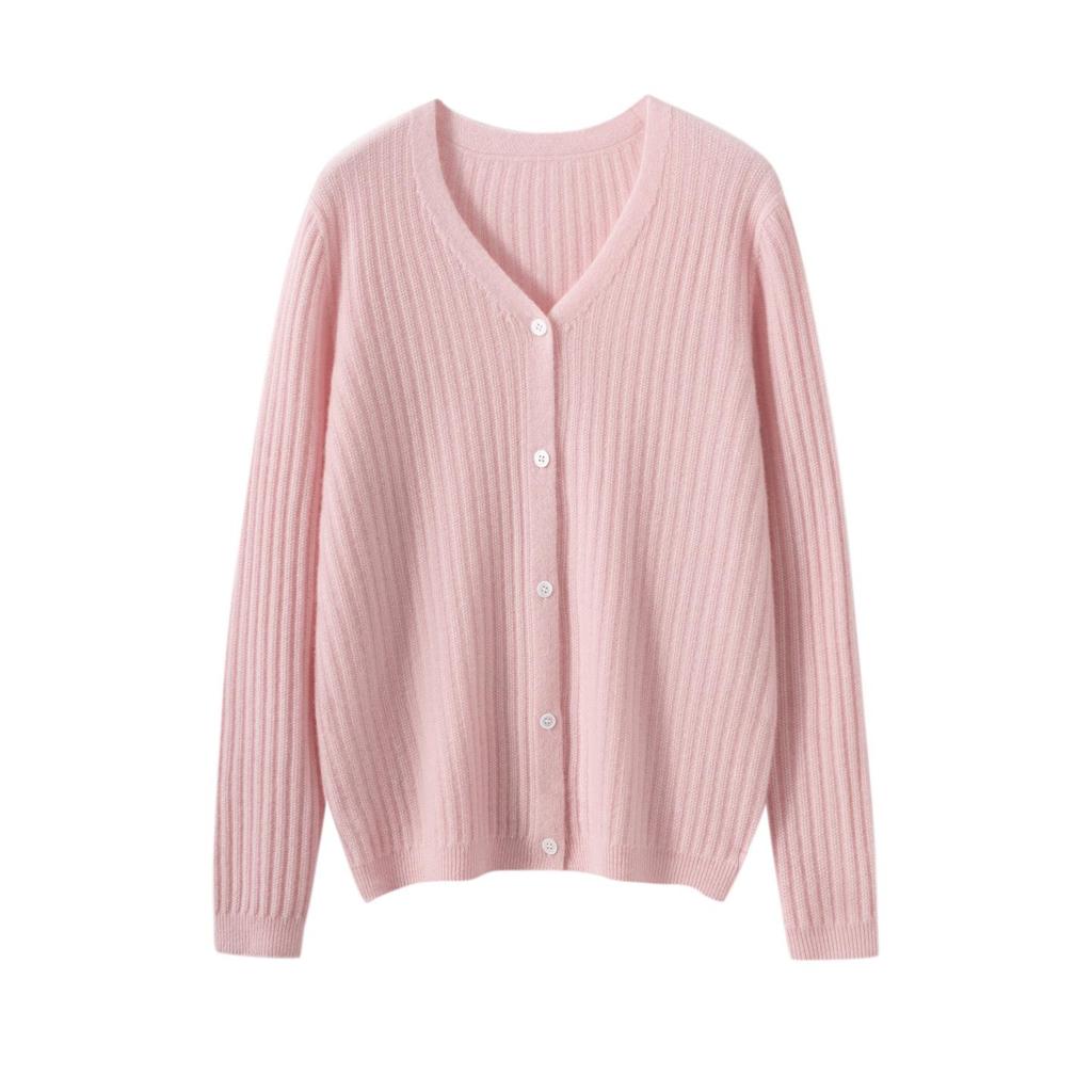 Women's 100% Cashmere V-Neck Ribbed Cardigan - Slimming, Versatile, and Warm Knit Sweater Coat