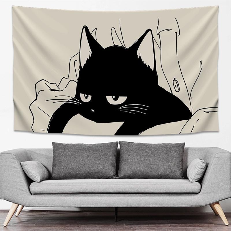 Cute Black Cat Tapestry Minimalist Sketch Style Wall Hanging Bedroom Living Room Boho Aesthetic Wall Decor Home