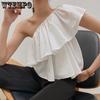 Sweet Off Shoulder Ruffled Top Women White Short T-shirt High Waist Navel Expose Sexy Desire Sleeveless Sloping Shoulder Summer