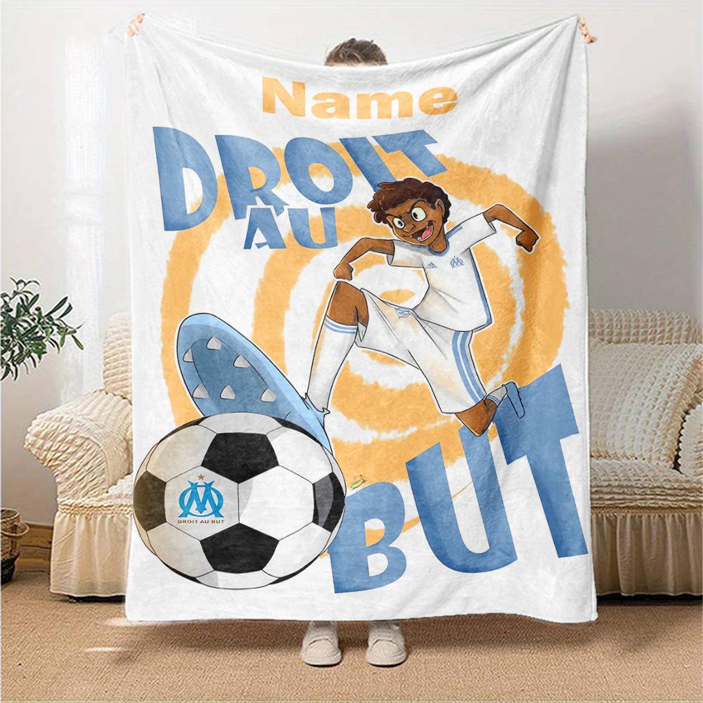 Custom Name Olympique de Marseille Theme Printed Blanket - Perfect for Couch, Bed, Travel & Outdoor Use | Machine Washable, Cozy & Durable.