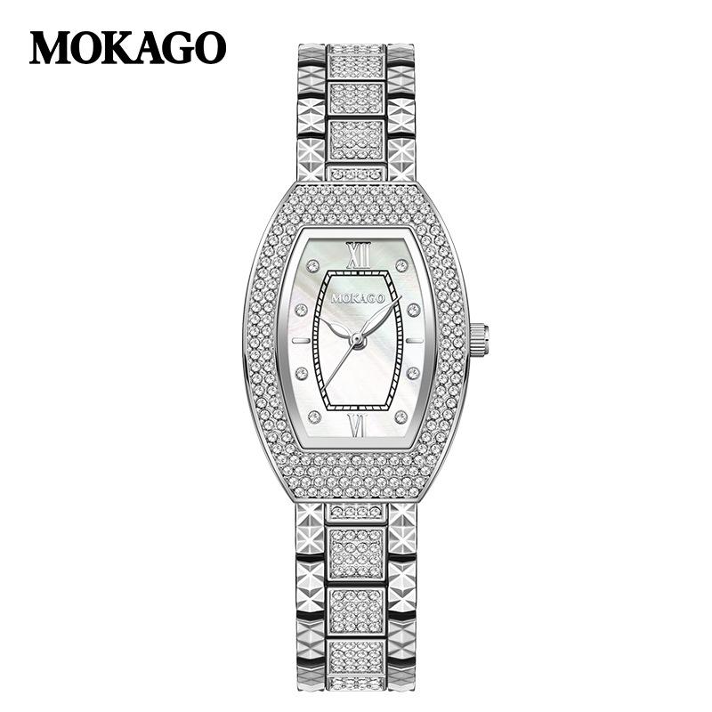 MOKAGO Women s Barrel-Shaped Diamond Alloy Waterproof Watch with Luminous Mother-of-Pearl Dial