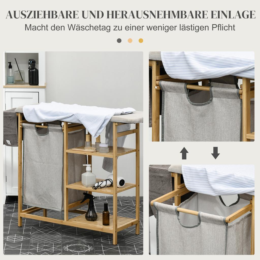 Cesto raccogli biancheria, multifunzionale, asse da stiro e sacca in tessuto 57L, struttura in bambù, 113x34x82cm, naturale/grigio