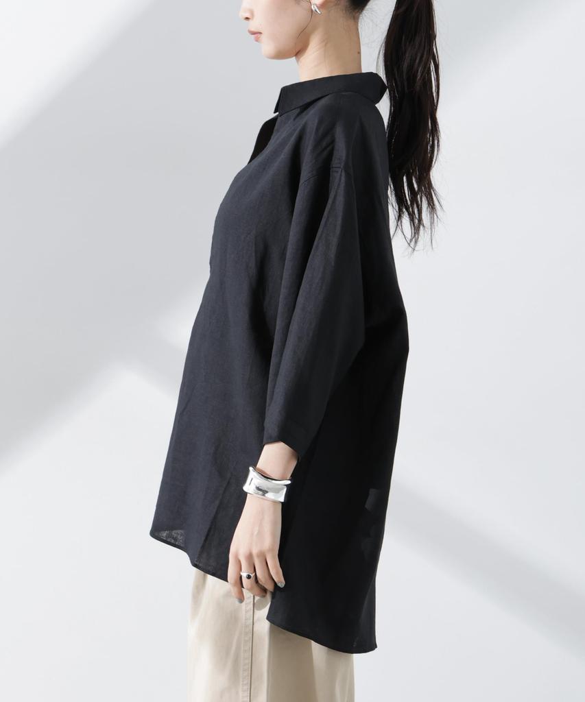 Nano Universe Linen Pullover Size F Women's Anti-Smell V-Neck Shirt, Black, 010, 673-5121301