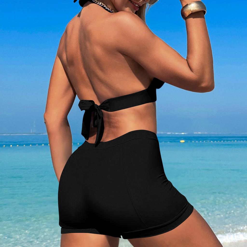 Women's Two-Piece Neck Bikini Set High Waist Swim Shorts with Push-Up Top for Beachwear