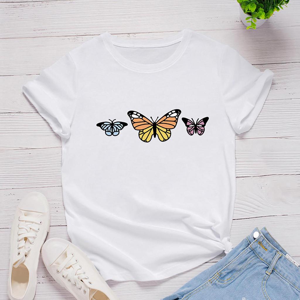 Women's Fashion Casual Loose Butterfly Print Round Neck Top T-Shirt