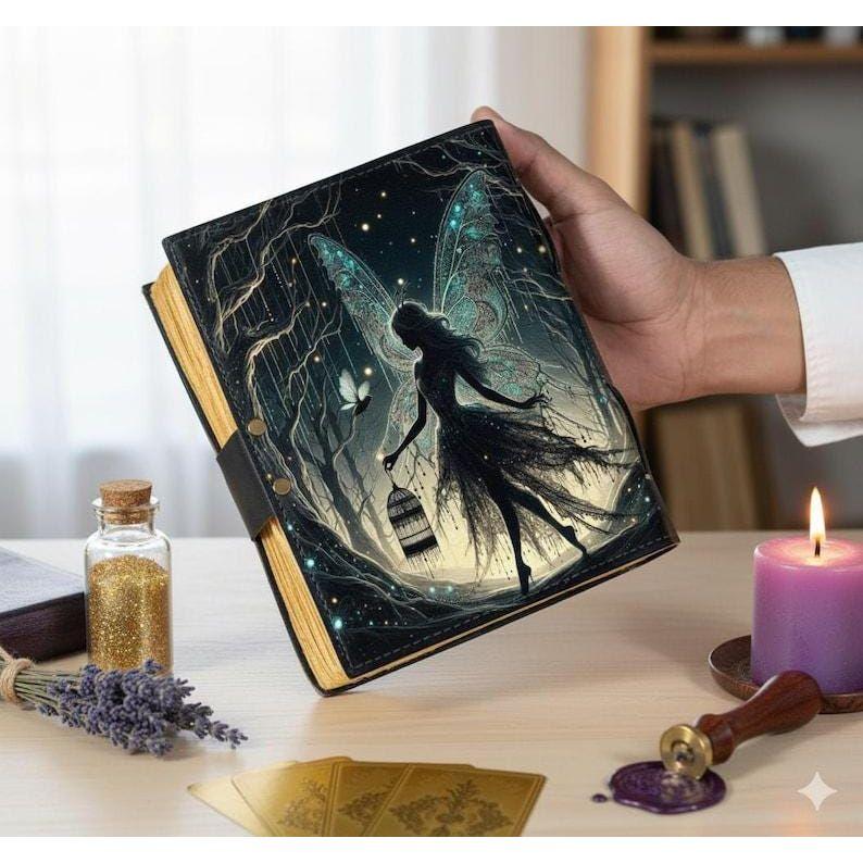Fairy Leather Grimoire – Handmade Book of Shadows with Lock Positivity Gift