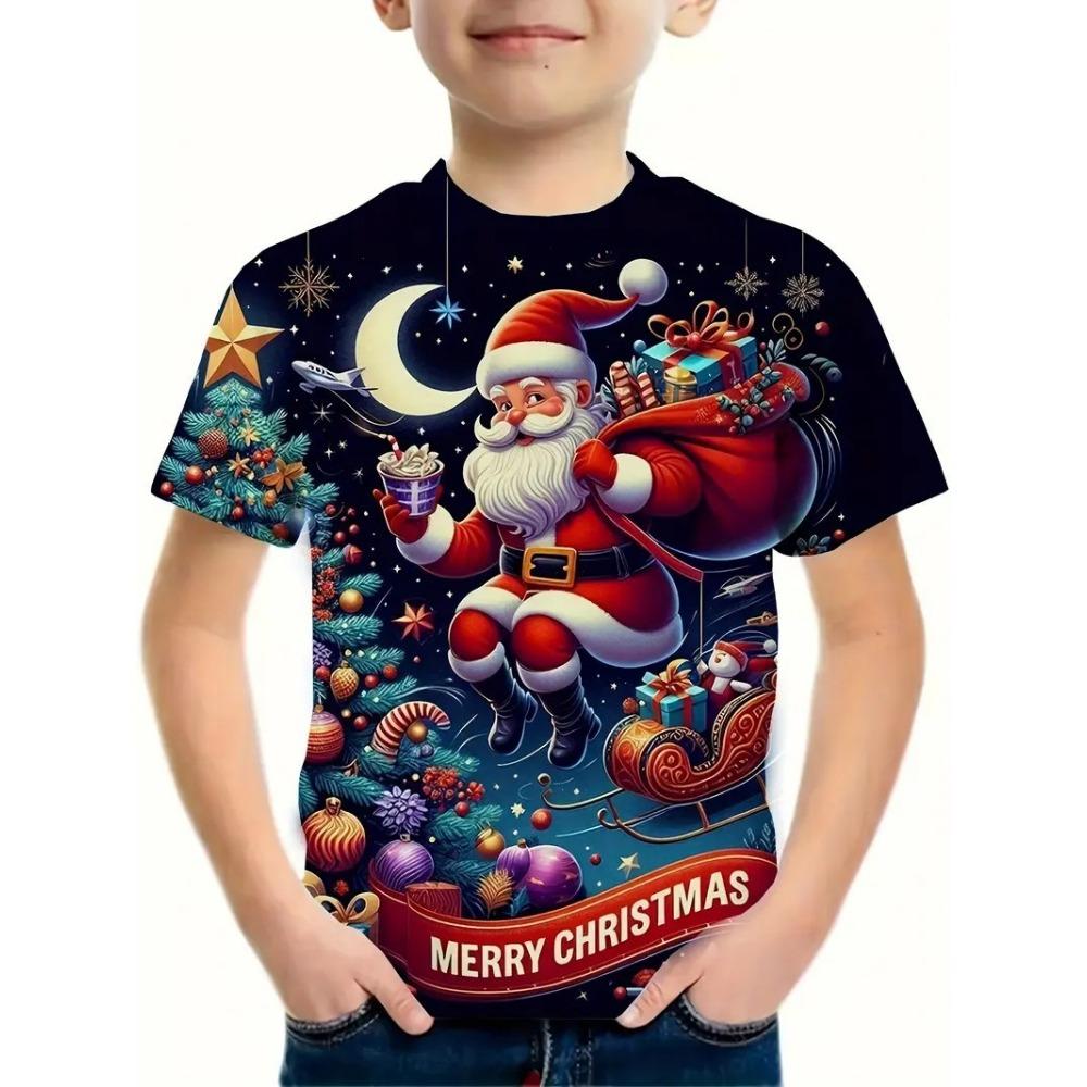 Children's Christmas Series 3D Digital Printed Boys' Fashion and Casual Round Neck Short Sleeved T-shirt