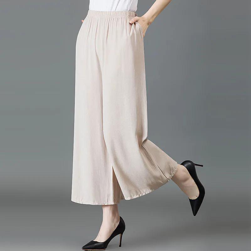 WTEMPO Women's Spring Summer Ice Silk Solid Color Wide Leg Pants Elastic High Waist Thin Mother's Loose Cropped Pants